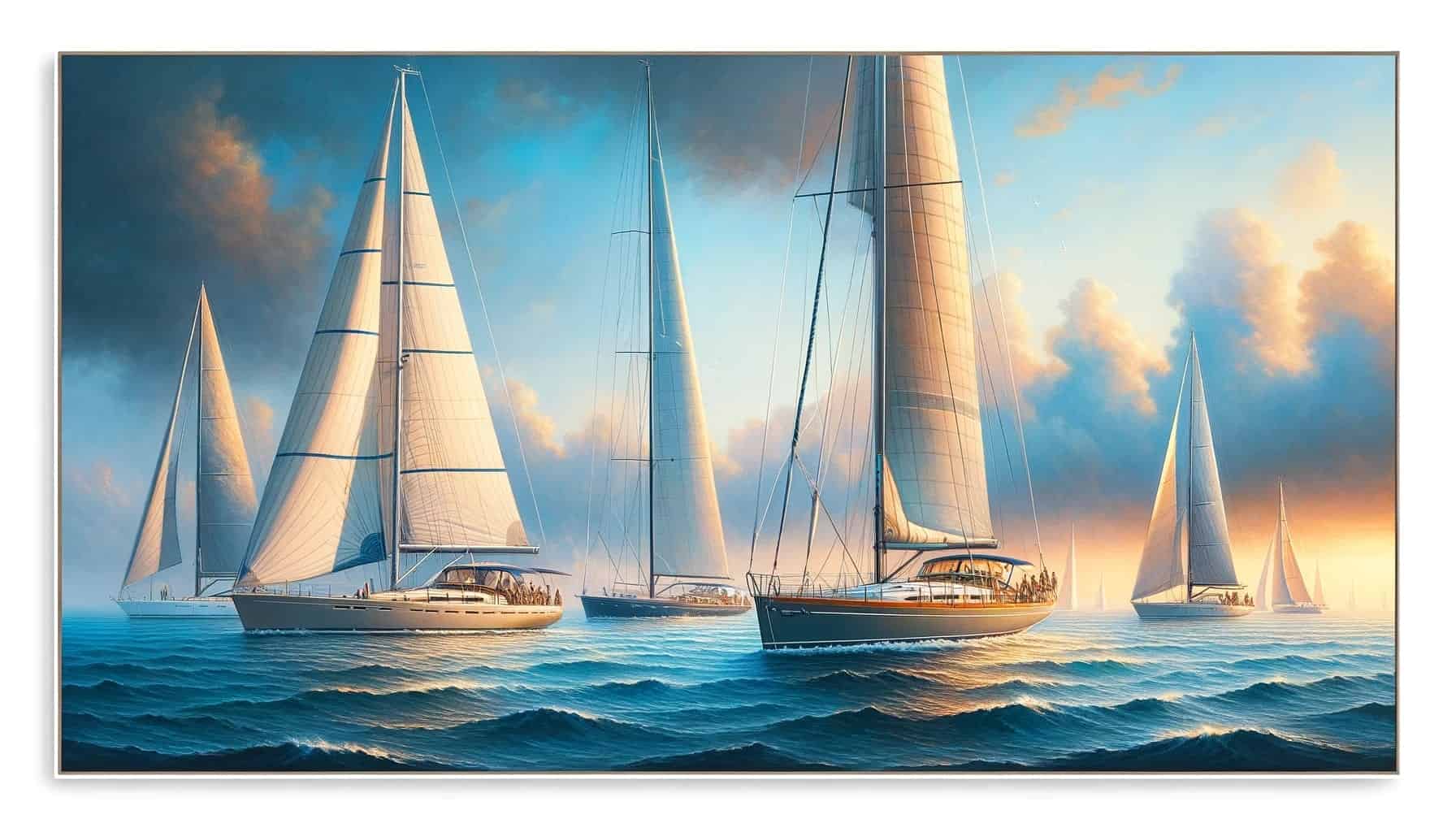 A fleet of the best bluewater sailboats gliding across the ocean at sunset, showcasing models from renowned brands.
