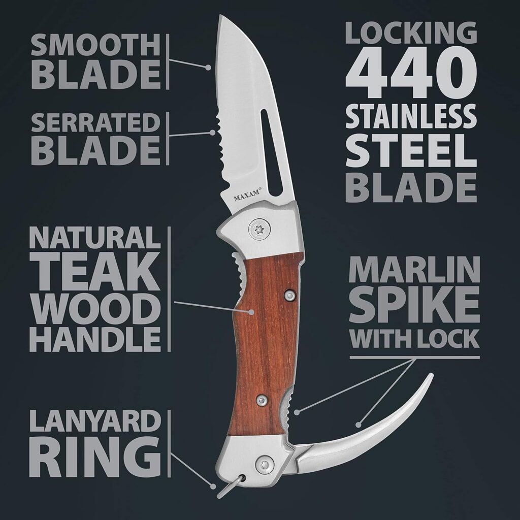 Maxam Sailors Tool, a Powerful Multi-Use Sailors Knife, Ideal for Boating, Fishing, or Sailing, Teak Wood Handle